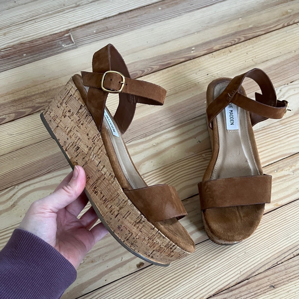 Steve‎ Madden Mabli Brown Suede Cork Platform Wedge Sandals Ankle Strap 7.5M